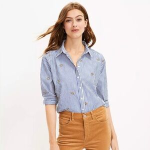 Loft dog printed shirt embroidered button down blue/white striped 100% cotton XL